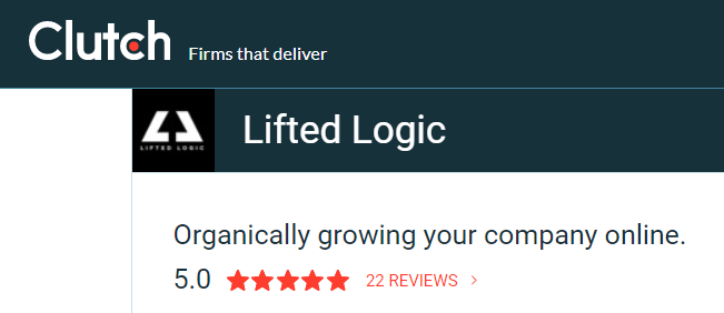 screenshot of Lifted Logic's profile on Clutch with 22 reviews and a 5-star rating as the top SEO firm in Kansas 2021