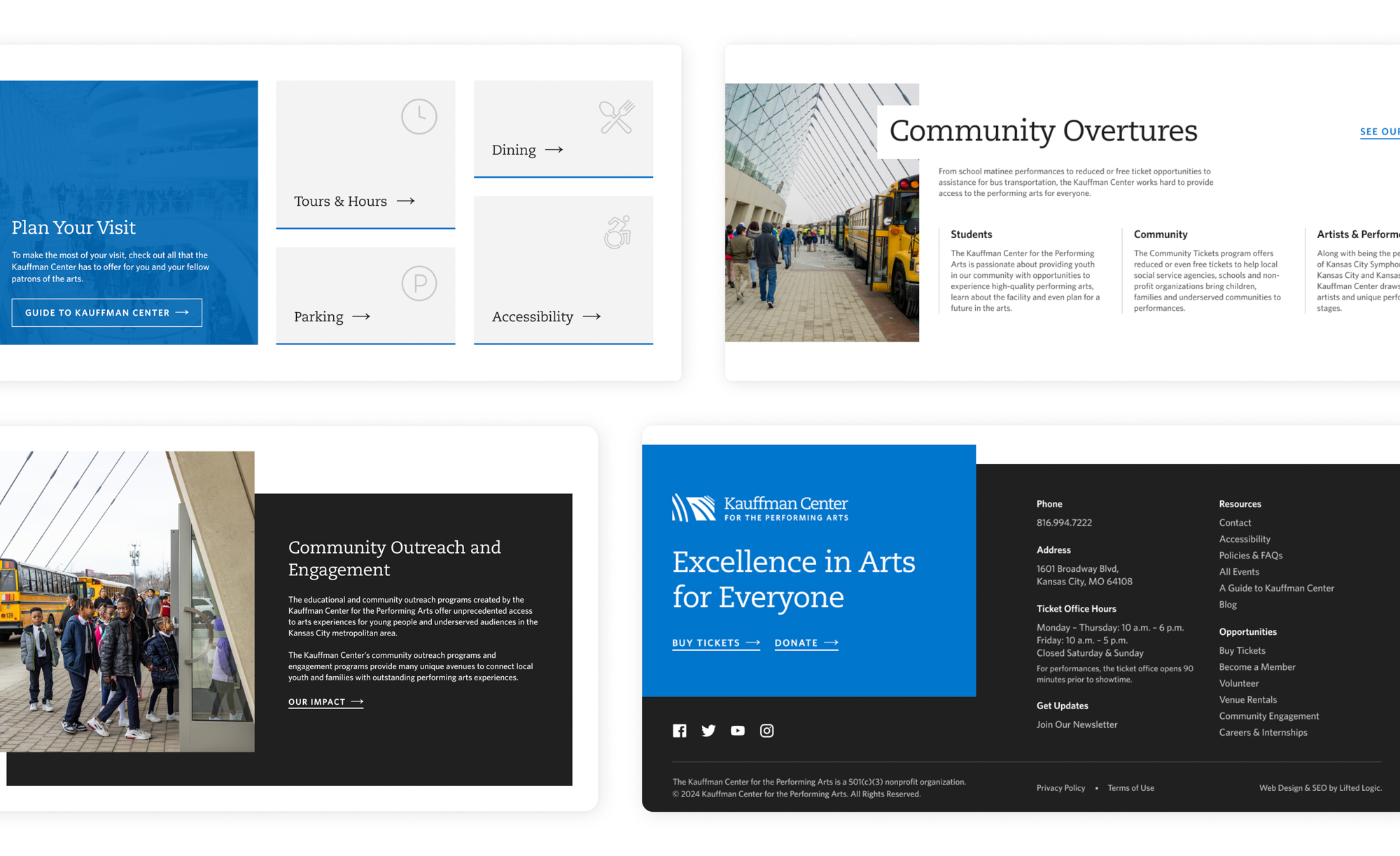 Online pages for Kauffman Center of Arts in Kansas City. You can see quality design and video services represented on these pages.