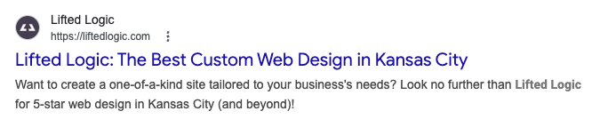An example of Lifted Logic's homepage meta description. We recommend clients customize their own to increase their website's Google SERP ranking.